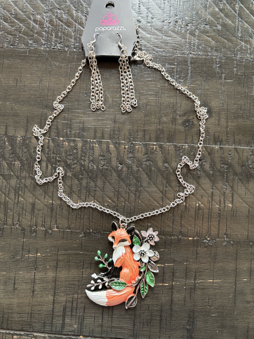 Silver-Tone Fox Floral Pendant Necklace w/Matching Silver-Tone Dangling Earrings